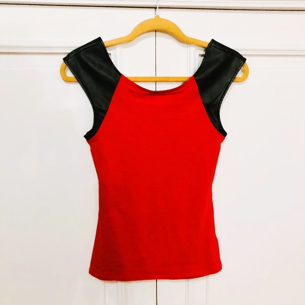 Vivid Red Cotton Tank Top with Black Vegan Leather Shoulders by Express - XS